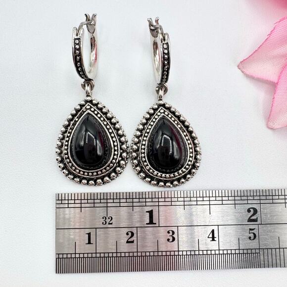 Premier Designs Black Teardrop Cabochon Bali Style Earrings Eastern Ethnic Boho - Picture 7 of 9